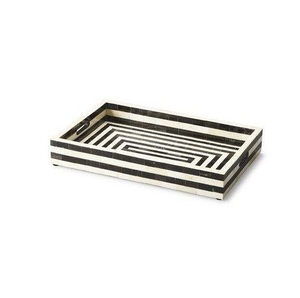 Plateau de service rectangulaire en bois avec incrustation d'os, design moderne, durable, écologique, noir et blanc, assiette décorative solide - Product Image 2