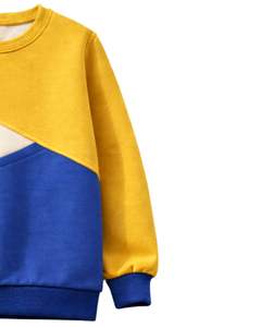 Sudadera personalizada amarilla y azul real para mujer, con bloques de color, cuello redondo, estilo casual, holgada, de invierno, top de moda personalizado. - Product Image 4