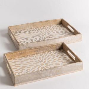 Plateau de service en bois d'acacia avec poignées, plateau décoratif rond pour salon, table basse, petit-déjeuner au lit - Product Image 4