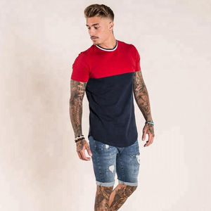 Camiseta de Verano Casual para Hombre, Cuello Redondo, Manga Corta, Algodón, Diseño de Bloques de Color Rojo y Azul Marino con Franja Horizontal en el Pecho, Personalizable - Product Image 2