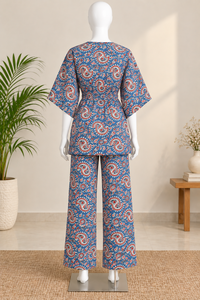 Blue Ajrakh Printed Floral <b>Kaftan</b> Co-Ord Set Wide-Leg Palazzo Pants Natural Waist Ethnic Casual Wear for <b>Summer</b> Resort Everyday - Product Image 2