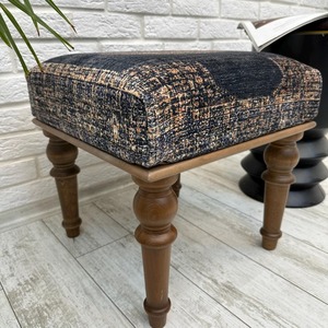 Traditional Wooden <b>Pouf</b> With Plaid Fabric Cushion Square Shape Living Room Ottoman - Product Image 4