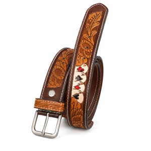 Premium Handcrafted Genuine <b>Leather</b> Belt for Men Floral <b>Tooled</b> Belt with Card Suit Inlay Pattern - Product Image 2