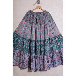 Cotton Block Print Floral <b>Patchwork</b> Bohemian Casual Long <b>Skirt</b> Handmade Washable Pleated Design Natural Waist Maxi Women Summer - Product Image 3
