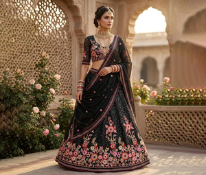 Designer Black Faux Georgette Choli Lehenga Dupatta Women Party <b>Wedding</b> Diwali Summer Quick Dry Sun Protection Wholesale Premium - Product Image 1