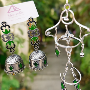 German <b>Silver</b> Black and Green Enameled Chandelier Hoop <b>Stud</b> Earrings - Product Image 3