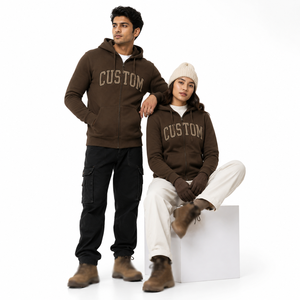 Sweat à capuche pour homme à coupe classique, marron, entièrement zippé, en molleton de coton, avec lettres brodées style universitaire, poche kangourou, streetwear d'hiver, marque privée - Product Image 5