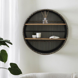Elegant Black Bamboo Round Wall Shelf Storage <b>Unit</b> for Modern Home Decor Handwoven Natural Bamboo Wall Organizer Rack - Product Image 1