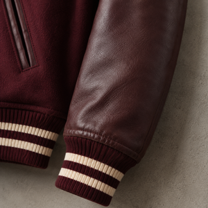 <b>Men's</b> Burgundy Varsity <b>Jacket</b> With Leather Sleeves Preppy Style Autumn Wear Turn-down Collar Button Closure - Product Image 5