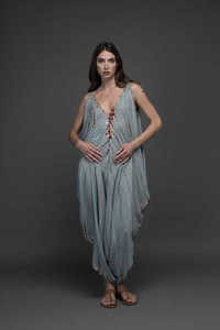 Mono de algodón estilo bohemio con efecto tie-dye para mujer, largo maxi, cuello en V, sin mangas, corte holgado, estilo fluido, ropa de playa informal - Product Image 2