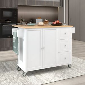 Isola Cucina Mobile con Piano in Legno Massello, Larghezza 52,7 Pollici, Armadietto Contenitore, Ruote Bloccabili, Bar Colazione, Carrello Cucina con Piano Ribaltabile - Product Image 1