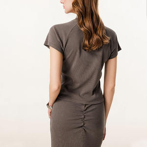 T-shirt côtelé à manches raglan pour femme 2026 gris acier coupe ajustée extensible mélange de coton décontracté été basique texturé HD - Product Image 5