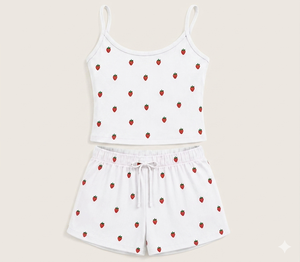 Women's White Strawberry Print 2 Piece Set Sleeveless Crop Top <b>Shorts</b> Casual Summer Wear Outfit Breathable Regular Fit - Product Image 1