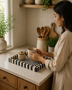 Plateau de service en bois à motif horizontal Art Déco, incrustation osseuse noire et blanche, forme personnalisée, thème fruits/fleurs, compatible micro-ondes - Product Image 2