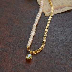 Boho Layered Necklace Green Stone 925 Sterling Silver 14K Gold Plated <b>Beaded</b> Gold Charm Pearl Turquoise Necklace - Product Image 4