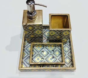 Unique Decor Star World Wooden MDF <b>Bath</b> Hex Decor Bathroom Accessory Set of 4 Liquid Soap Dispenser 2 <b>Tumblers</b> Soap Tray - Product Image 5