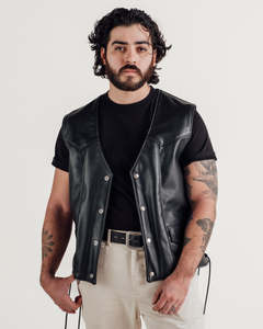 Men's <b>Black</b> Fashion Leather <b>Vest</b> Moto Biker Style Collarless Button Closure Regular Fit Autumn Wear Trend - Product Image 1