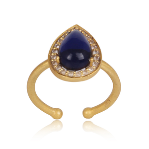 Elegant Pear Cut Corundum Blue and CZ Gemstone Gold On 925 Sterling Silver <b>Adjustable</b> <b>Ring</b> for Women Any Occasion - Product Image 1