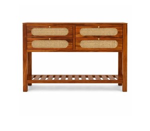 Boho Rattan Solid Wood <b>Console</b> <b>Table</b> with 4 Drawers | Modern Wooden Hallway <b>Table</b> with Woven Rattan Drawers & Slatted Shelf - Product Image 5