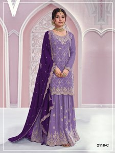 Ensemble Anarkali pour femme, violet, brodé, longueur ras du sol, avec dupatta, tenue traditionnelle indienne et pakistanaise, en rayonne. - Product Image 1