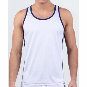 Débardeur sport blanc pour homme avec bordure marine, séchage rapide, tricoté, col rond, sans manches, pour entraînement, fitness et gym - Product Image 2