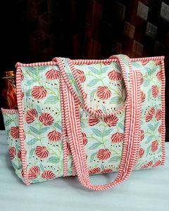 Premium Vendor White Pink Floral Block Printed Cotton Kantha Quilted Storage Tote <b>Bag</b> Women Shoulder Travel Carrying Handbag Pri - Product Image 3