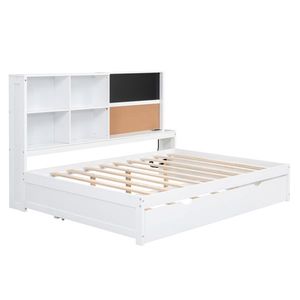 Divano letto a grandezza naturale con lavagna e mensole portaoggetti in sughero, porte USB, letto estraibile singolo - Letti per bambini in bianco e nero - Product Image 5