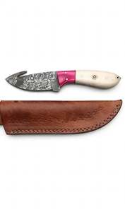 Outil utilitaire extérieur en acier Damas artisanal personnalisé avec manche en os de chameau blanc et résine rose - Product Image 5