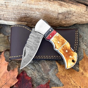 Navaja de Bolsillo Plegable Personalizada Hecha a Mano con Hoja de Acero de Damasco y Mango de Hueso, de Cambio Rápido, 6.5'' Pequeña, para Exteriores, Camping, Senderismo, Regalo - Product Image 2