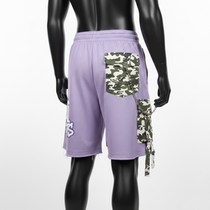 Short de bain en maille polyester premium lavande avec empiècements de poches cargo camouflage et logo personnalisé imprimé en sérigraphie – Short en maille pour homme - Product Image 4