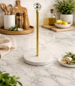 floral Gold Metal Paper <b>Towel</b> <b>Holder</b> with Crystal Ball Top and Marble Base Freestanding Countertop <b>Kitchen</b> Stand - Product Image 1