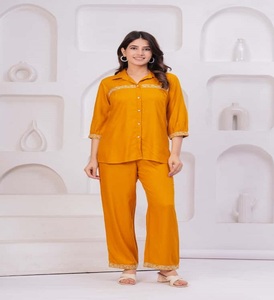 New Arrival Pure Cotton OEM & ODM Customized Cotton Women's Loungewear <b>Set</b> 2-Piece Full Length Shirt Pant Solid Coord <b>Set</b> - Product Image 3