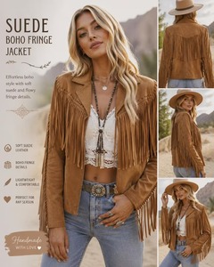 Chaqueta de cuero para mujer, diseño personalizado, calidad premium, precio competitivo, talla adulta, con flecos, estilo western. - Product Image 5