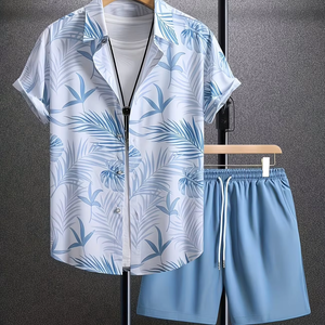 Men's 3D Fashion Summer Solid Collared Shirt Set Comfortable Short-Sleeve Shirt Pocket Drawstring Shorts 100% Cotton Quick Dry - Product Image 1