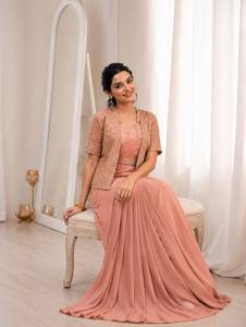 Designer Embroidery Sequence Lace Work Crepe Silk Ready To Wear <b>Saree</b> <b>With</b> Stitched Blouse And Stitched <b>Jacket</b> Set - Product Image 2