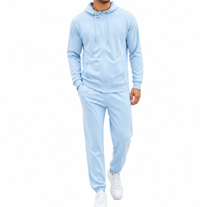 Men's Light Blue Hooded Tracksuit Full Zip Sweatshirt and Pants <b>Set</b> Casual Solid Color 100% Cotton Breathable Spring Wear - Product Image 1