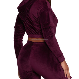 Chándales de mujer de alta calidad, ropa de calle personalizada, Sudadera corta de terciopelo con capucha y conjunto de Jogger suelto, chándales de dos piezas para mujer al por mayor. - Product Image 2