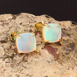 Natural ethiopian opal cushion shape studs handmade prong setting gemstone <b>earrings</b> gold plated push <b>back</b> daily wear ear jewelry - Product Image 5