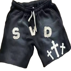 Short de sport vintage pour homme avec logo personnalisé noir 100% coton avec motif léopard cordon de serrage épais Streetwear - Product Image 1