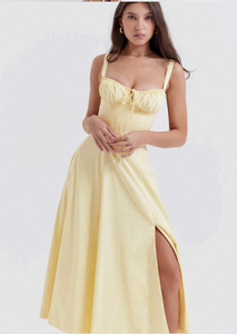 Vestido amarillo sin mangas para mujer, estilo bustier, entallado, con falda en línea A, para playa, informal, fiesta o uso diario. - Product Image 3