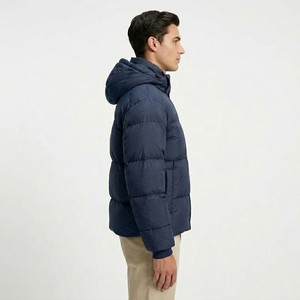 Hot Sale <b>Men</b> Navy Blue Hooded Puffer <b>Jacket</b> With Front Logo Zip Closure Windproof Winter Casual Outerwear Streetwear - Product Image 3