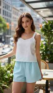 Shorts de Verano para Mujer, Color Azul Claro, de Algodón, Cintura Alta Elástica, con Bolsillos, Estilo Lounge, Marca Schiffli - Product Image 4