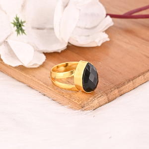 Gold Plated Black Onyx Gemstone <b>Ring</b> Handmade <b>Adjustable</b> Stylish Brass Jewelry for Women - Product Image 3