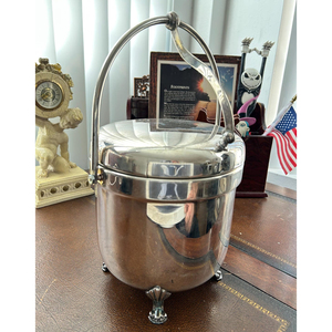 Vintage Silver Plated Ice Bucket Featuring <b>Swinging</b> <b>Top</b> Handle Hinged Retracting Lid Curved Silhouette And Detailed Claw Feet - Product Image 4