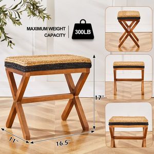 Natural Seagrass Rectangular Ottoman Footstool with Wooden Legs Hand-Woven <b>Footrest</b> for Living Room - Product Image 2