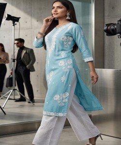 Elegante Kurta de Algodón con Bordado Color Cielo para Mujer, Colección Étnica para Uso Diario y Festividades, Proveedor Mayorista, Ropa Modesta de Algodón para Mujer 84528 - Product Image 2