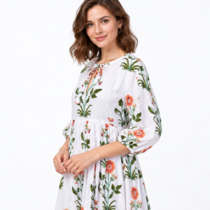 Vestido casual de primavera para mujer, blanco, con cuello de ojo de cerradura, estampado floral, cintura imperio, manga abullonada, corte A y largo hasta la rodilla - Product Image 4