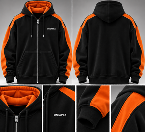 Custom Black <b>Orange</b> Full Zip Hoodie Contrast Panel Sleeves Oversized Streetwear Hooded <b>Sweatshirt</b> - Product Image 6
