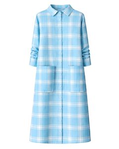Robe chemise à manches longues à carreaux bleu ciel pour femme, robe midi décontractée à carreaux avec poches, fabricant OEM personnalisé - Product Image 1