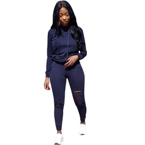 Ensemble de survêtement pour femme, sweat-shirt à capuche bleu marine, manches longues, couleur unie, style sportif, leggings déchirés, coupe ajustée, toutes saisons - Product Image 2
